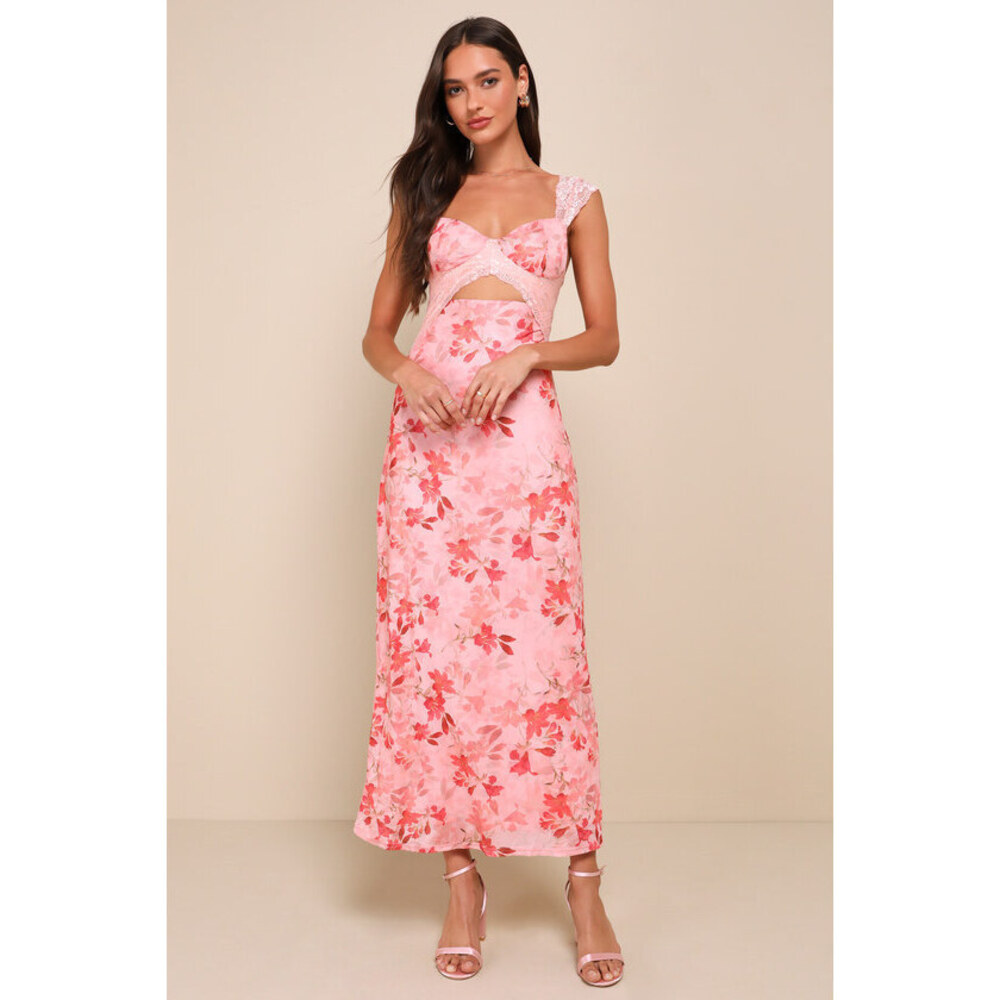 Lulus Endlessly Cute Pink Floral Mesh Cutout Lace Bustier Maxi Dress - Size S